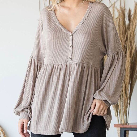 NWT Neutral Balloon Sleeve Top Minimalist Classic Bohemian Fall - Picture 2 of 4